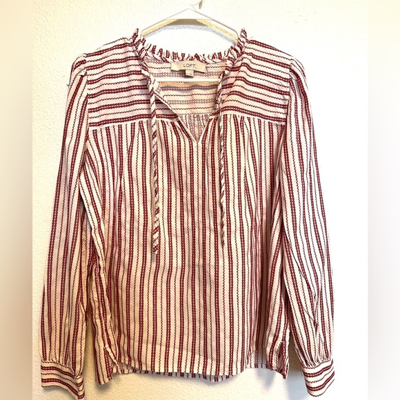 LOFT Tops - LOFT Women’s Split Neck Tie Front Blouse, Medium, White and Red Stripes